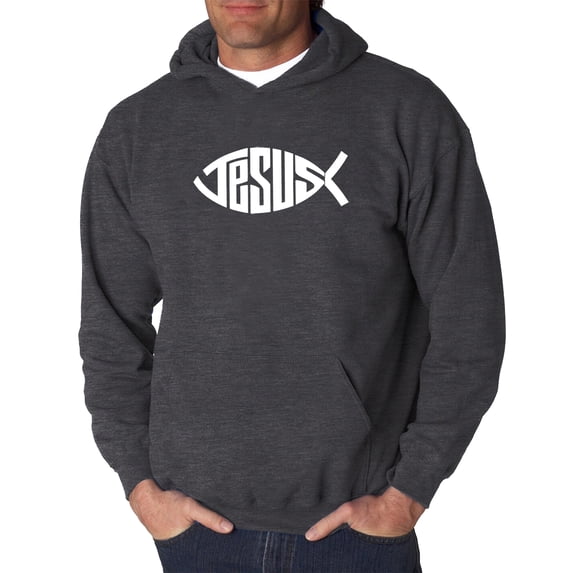 LA Pop Art Men's Word Art Hooded Sweatshirt - Christian Jesus Name Fish Symbol