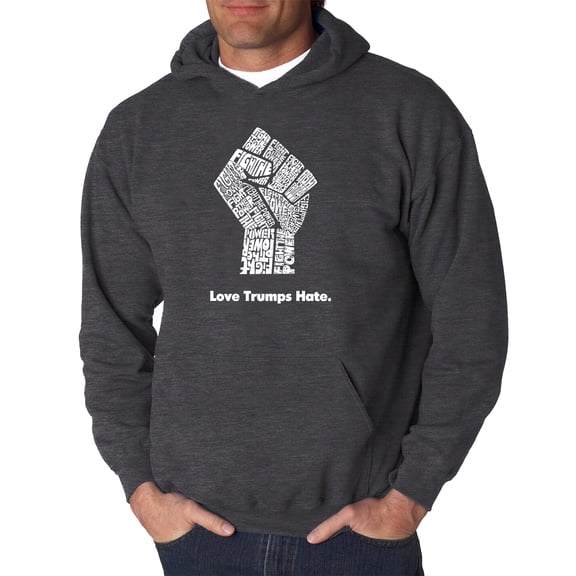 LA Pop Art Men's Word Art Hooded Sweatshirt - Love Trumps Hate Fist