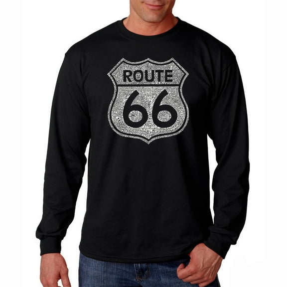 LA Pop Art Men's Word Art Long Sleeve T-shirt - CITIES ALONG THE LEGENDARY ROUTE 66