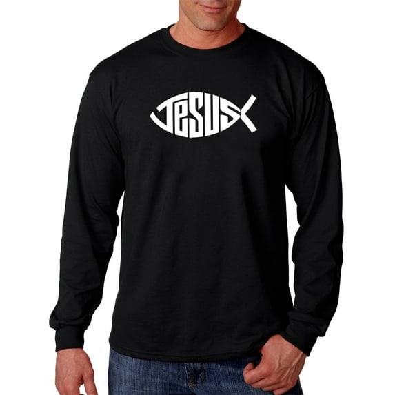 LA Pop Art Men's Word Art Long Sleeve T-shirt - Christian Jesus Name Fish Symbol