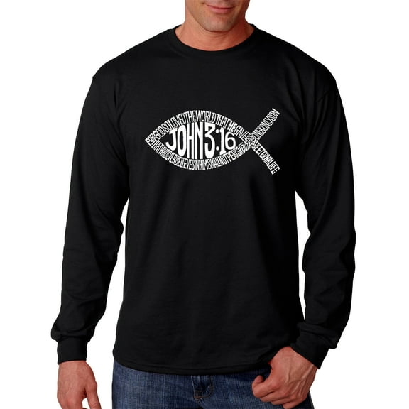 LA Pop Art Men's Word Art Long Sleeve T-shirt - John 3:16 Fish Symbol