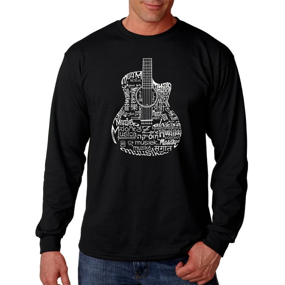 LA Pop Art Men's Word Art Long Sleeve T-shirt - Languages Guitar