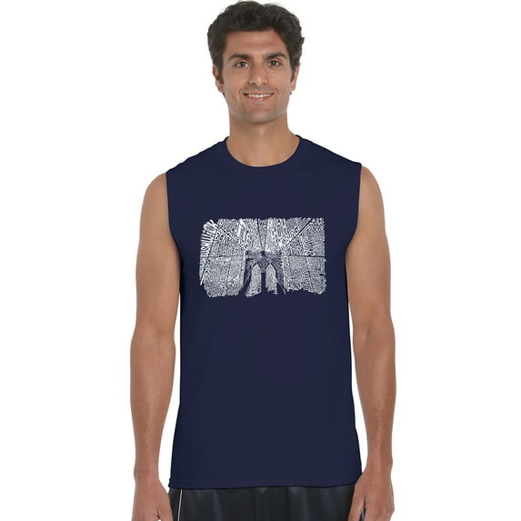 LA Pop Art Men's Word Art Sleeveless T-shirt - Brooklyn Bridge