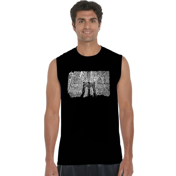 LA Pop Art Men's Word Art Sleeveless T-shirt - Brooklyn Bridge
