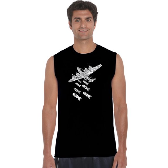 LA Pop Art Men's Word Art Sleeveless T-shirt - DROP BEATS NOT BOMBS