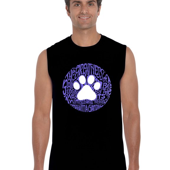 LA Pop Art Men's Word Art Sleeveless T-shirt - Gandhi's Quote on Animal Treatment