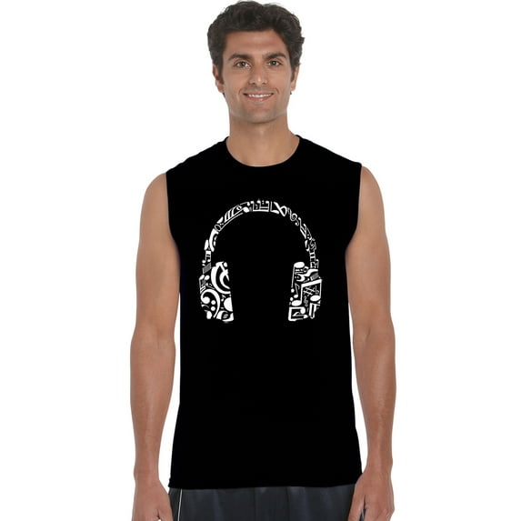 LA Pop Art Men's Word Art Sleeveless T-shirt - Music Note Headphones