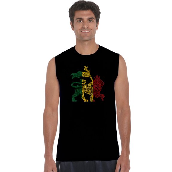LA Pop Art Men's Word Art Sleeveless T-shirt - Rasta Lion - One Love