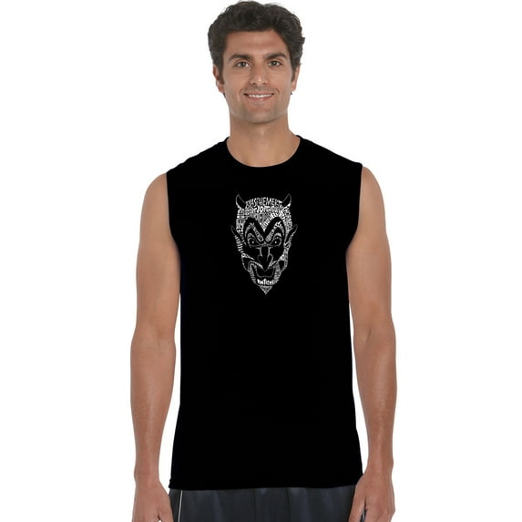 LA Pop Art Men's Word Art Sleeveless T-shirt - THE DEVIL'S NAMES
