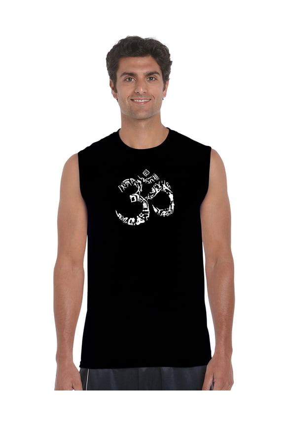 Men's Word Art Sleeveless T-shirt - THE OM SYMBOL OUT OF YOGA POSES