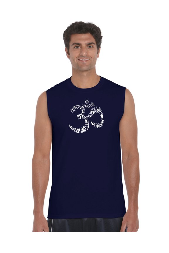 Men's Word Art Sleeveless T-shirt - THE OM SYMBOL OUT OF YOGA POSES