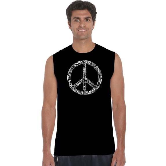 LA Pop Art Men's Word Art Sleeveless T-shirt - THE WORD PEACE IN 77 LANGUAGES