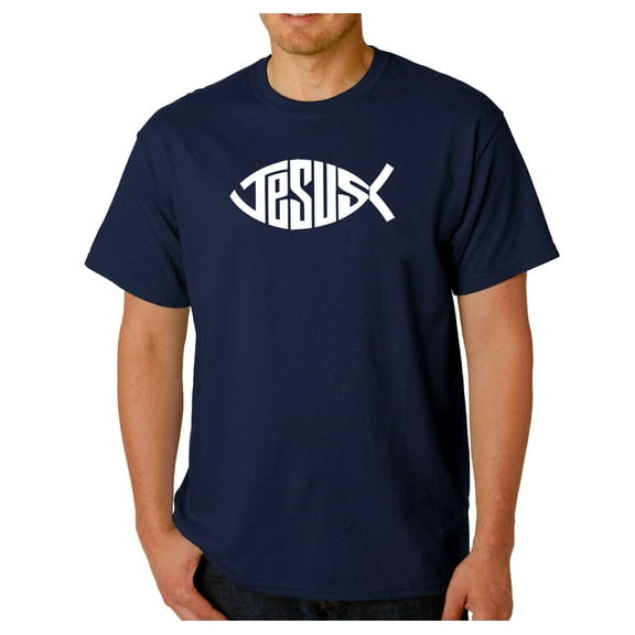 LA Pop Art Men's Word Art T-shirt - Christian Jesus Name Fish Symbol