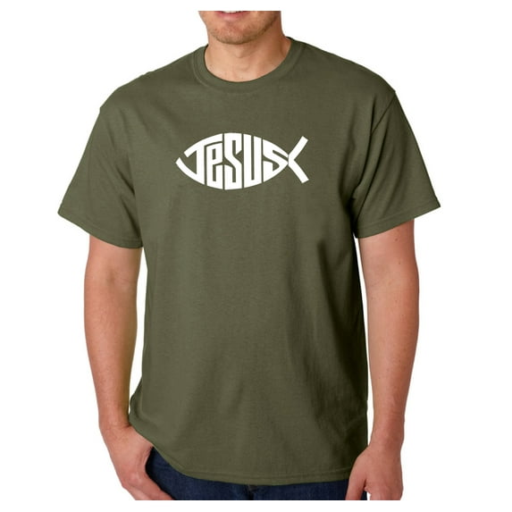LA Pop Art Men's Word Art T-shirt - Christian Jesus Name Fish Symbol