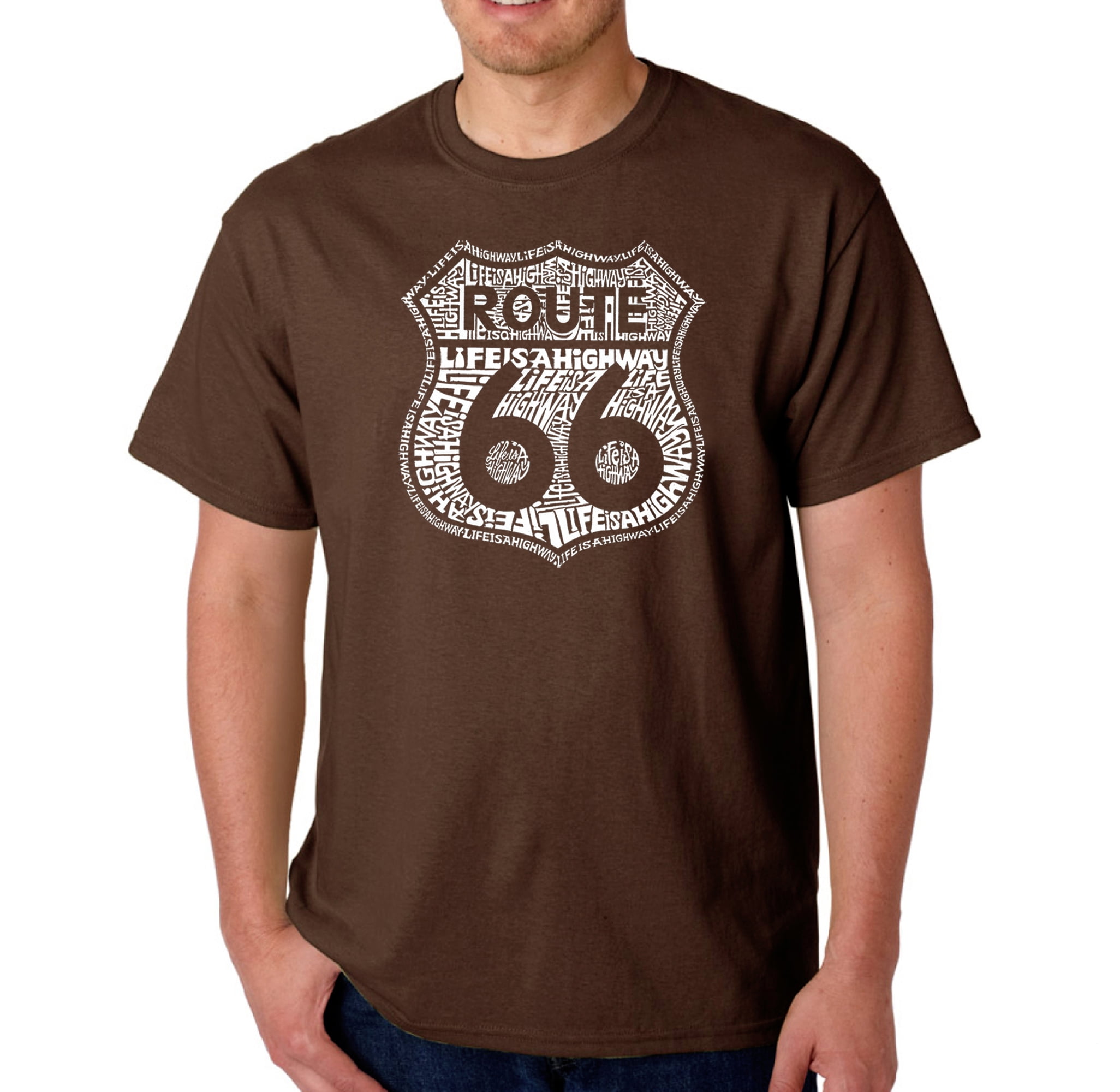 LA Pop Art Men s Word Art T shirt Route 66 Life is a Highway