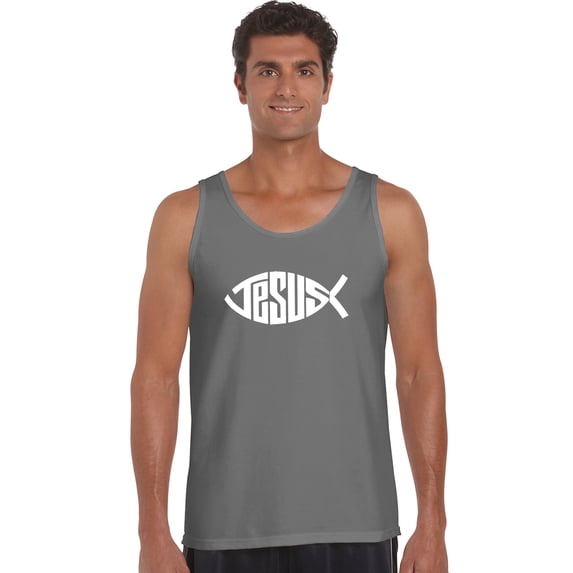 LA Pop Art Men's Word Art Tank Top - Christian Jesus Name Fish Symbol