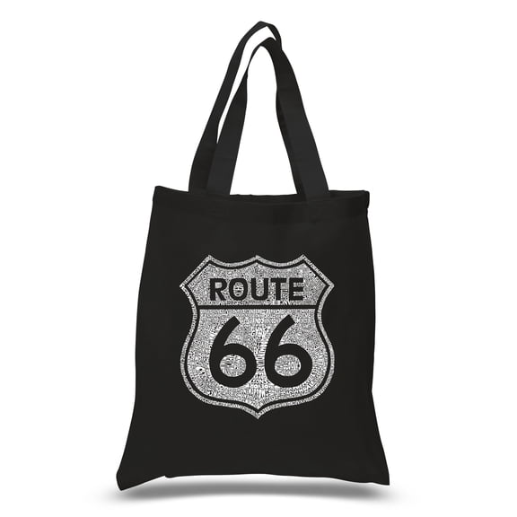 LA Pop Art Small Word Art Tote Bag - CITIES ALONG THE LEGENDARY ROUTE 66
