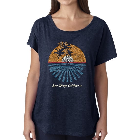 LA Pop Art Women's Dolman Cut Word Art Shirt - Cities In San Diego