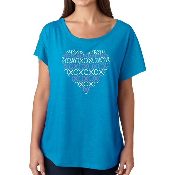 LA Pop Art Women's Loose Fit Dolman Cut Word Art Shirt - XOXO Heart