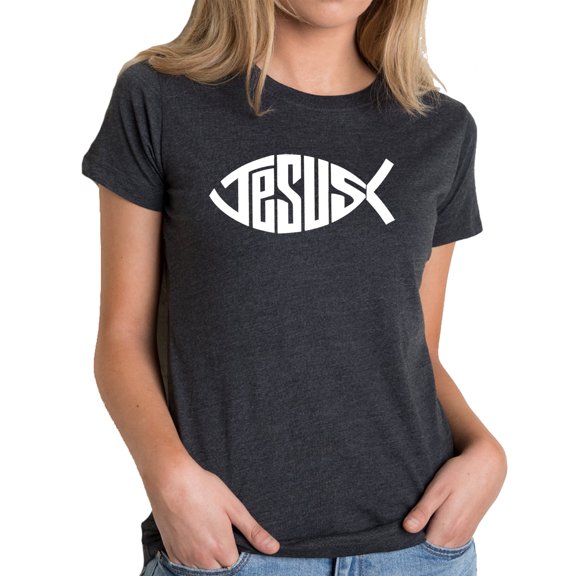 LA Pop Art Women's Premium Blend Word Art T-shirt - Christian Jesus Name Fish Symbol