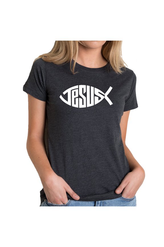 Women's Premium Blend Word Art T-shirt - Christian Jesus Name Fish Symbol