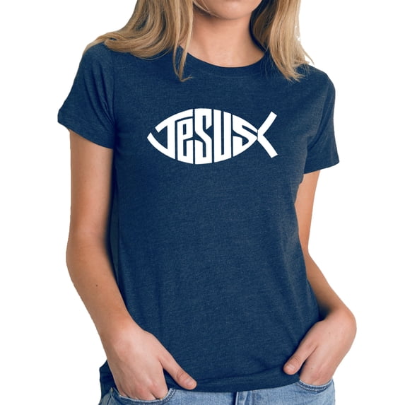 LA Pop Art Women's Premium Blend Word Art T-shirt - Christian Jesus Name Fish Symbol