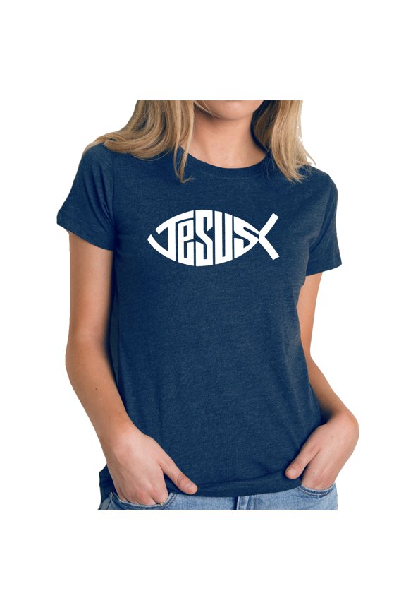Women's Premium Blend Word Art T-shirt - Christian Jesus Name Fish Symbol