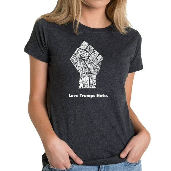 LA Pop Art Women's Premium Blend Word Art T-shirt - Love Trumps Hate Fist