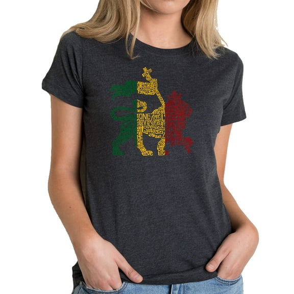 LA Pop Art Women's Premium Blend Word Art T-shirt - Rasta Lion - One Love