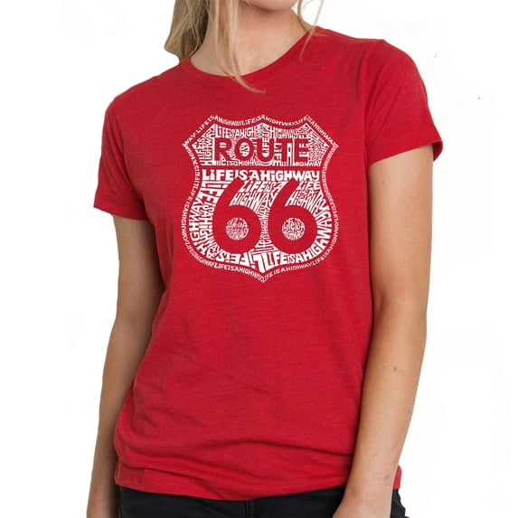 LA Pop Art Women's Premium Blend Word Art T-shirt - Route 66 - Life is a Highway