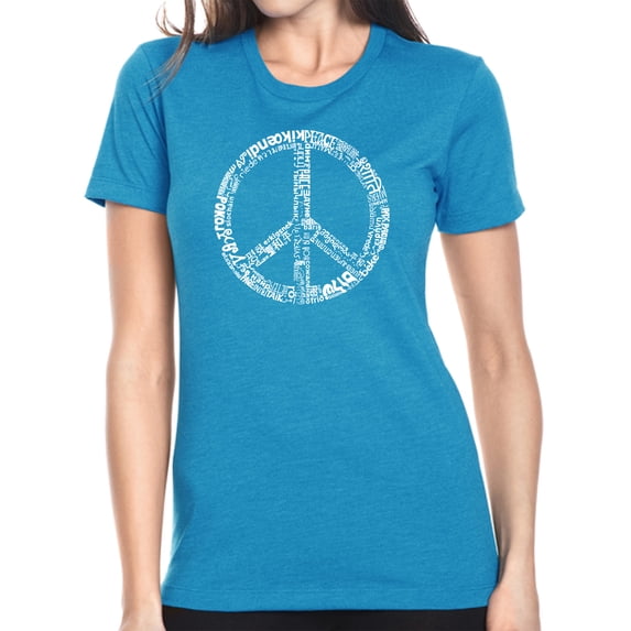 LA Pop Art Women's Premium Blend Word Art T-shirt - THE WORD PEACE IN 77 LANGUAGES