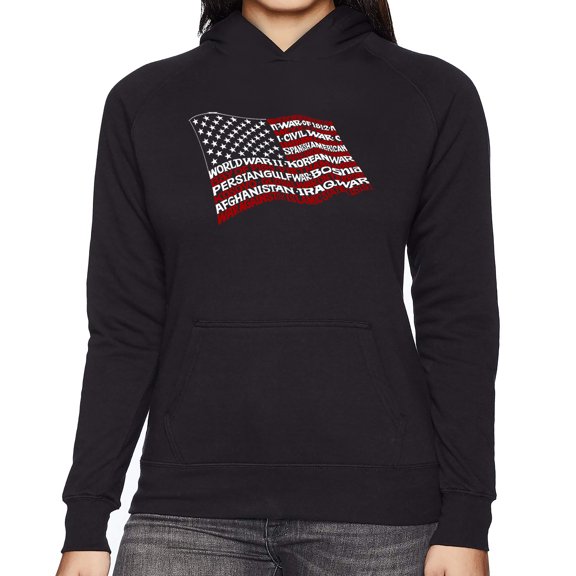 LA Pop Art Women's Word Art Hooded Sweatshirt -American Wars Tribute Flag