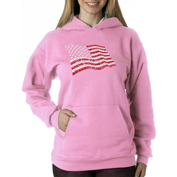 LA Pop Art Women's Word Art Hooded Sweatshirt -American Wars Tribute Flag