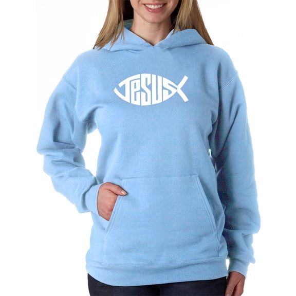 LA Pop Art Women's Word Art Hooded Sweatshirt -Christian Jesus Name Fish Symbol