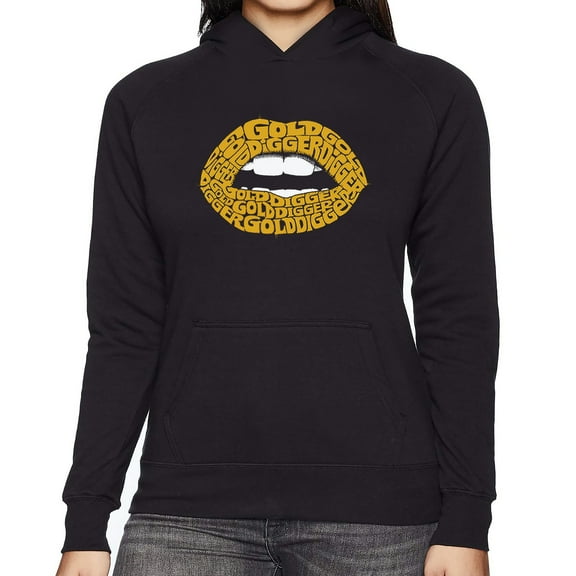 LA Pop Art Women's Word Art Hooded Sweatshirt -Gold Digger Lips