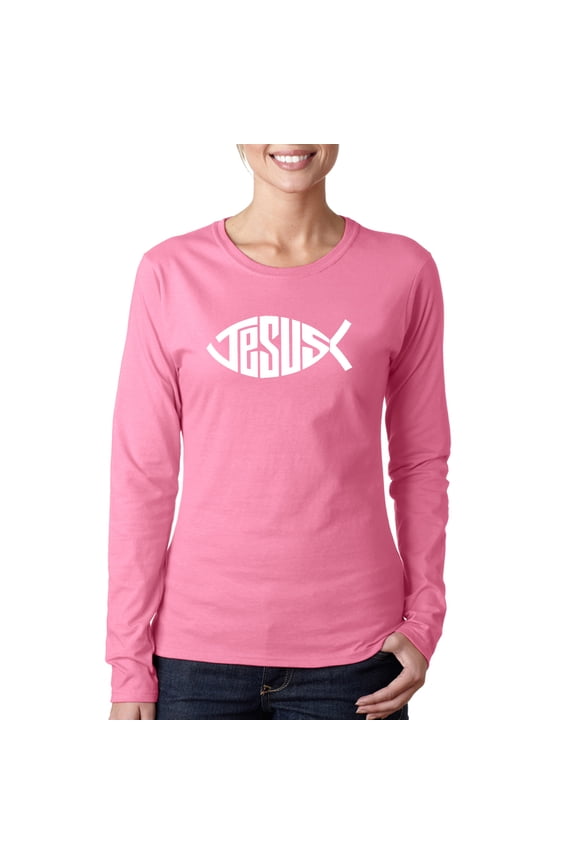 Women's Word Art Long Sleeve T-Shirt - Christian Jesus Name Fish Symbol