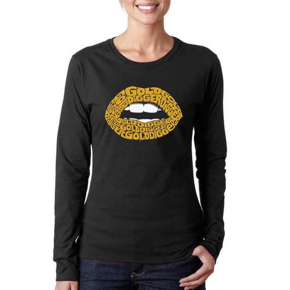 LA Pop Art Women's Word Art Long Sleeve T-Shirt - Gold Digger Lips