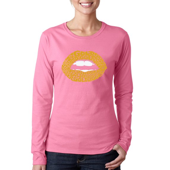LA Pop Art Women's Word Art Long Sleeve T-Shirt - Gold Digger Lips