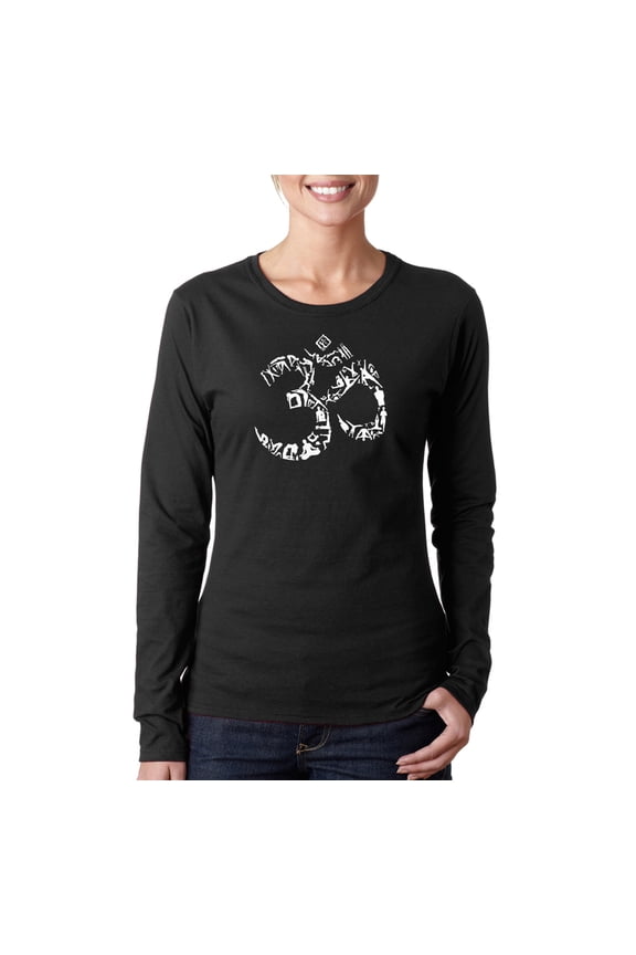 Women's Word Art Long Sleeve T-Shirt - THE OM SYMBOL OUT OF YOGA POSES