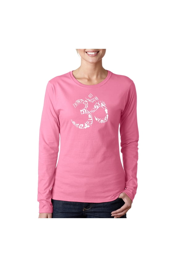 Women's Word Art Long Sleeve T-Shirt - THE OM SYMBOL OUT OF YOGA POSES