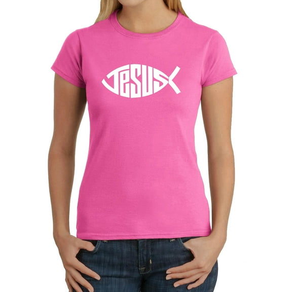 LA Pop Art Women's Word Art T-Shirt - Christian Jesus Name Fish Symbol