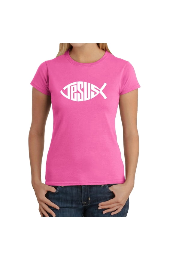 Women's Word Art T-Shirt - Christian Jesus Name Fish Symbol