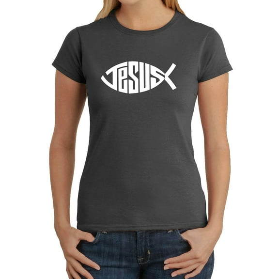 LA Pop Art Women's Word Art T-Shirt - Christian Jesus Name Fish Symbol