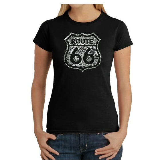 LA Pop Art Women's Word Art T-Shirt - Get Your Kicks on Route 66