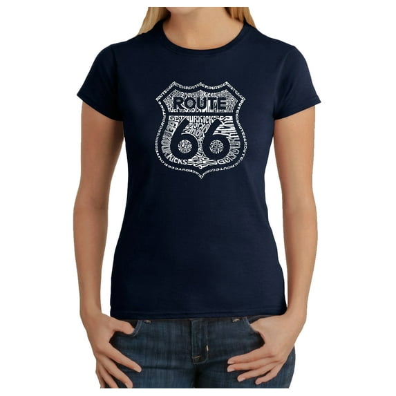 LA Pop Art Women's Word Art T-Shirt - Get Your Kicks on Route 66