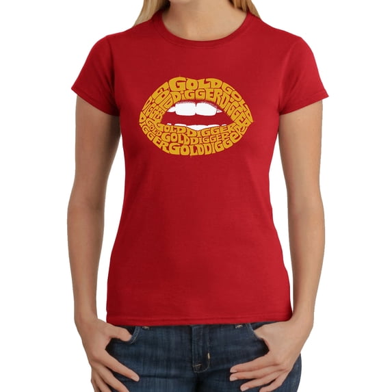 LA Pop Art Women's Word Art T-Shirt - Gold Digger Lips