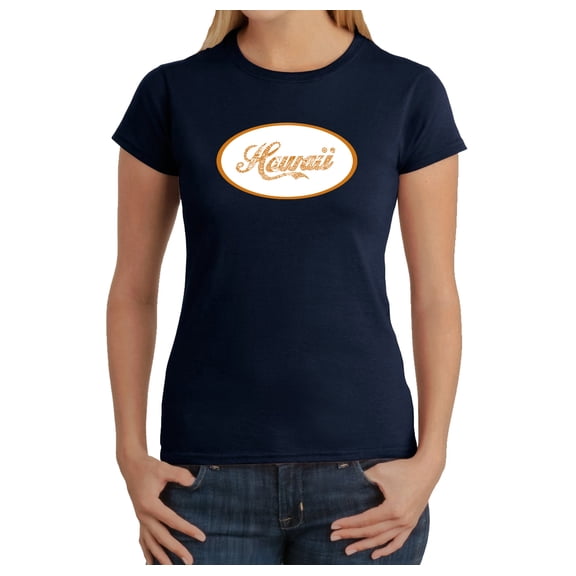 LA Pop Art Women's Word Art T-Shirt - HAWAIIAN ISLAND NAMES & IMAGERY
