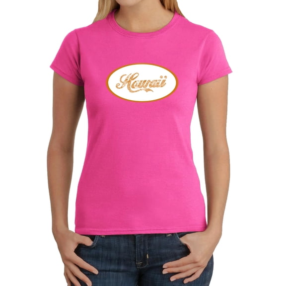LA Pop Art Women's Word Art T-Shirt - HAWAIIAN ISLAND NAMES & IMAGERY