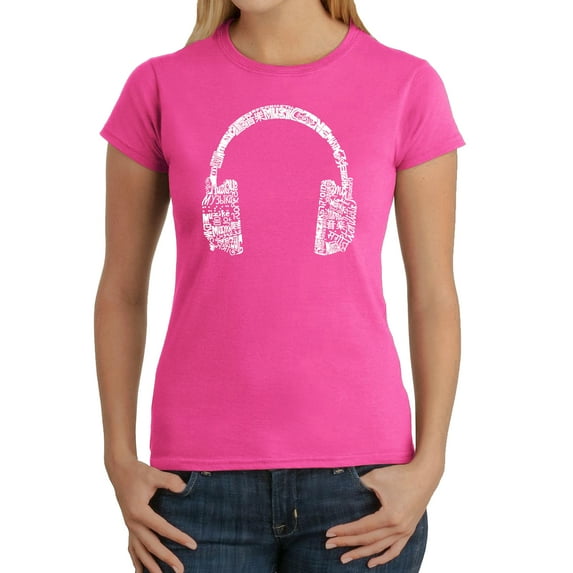 LA Pop Art Women's Word Art T-Shirt - HEADPHONES - LANGUAGES