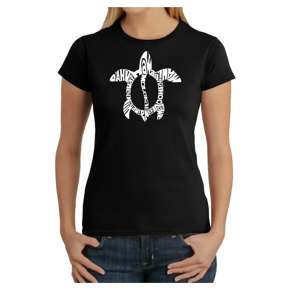 LA Pop Art Women's Word Art T-Shirt - Honu Turtle - Hawaiian Islands
